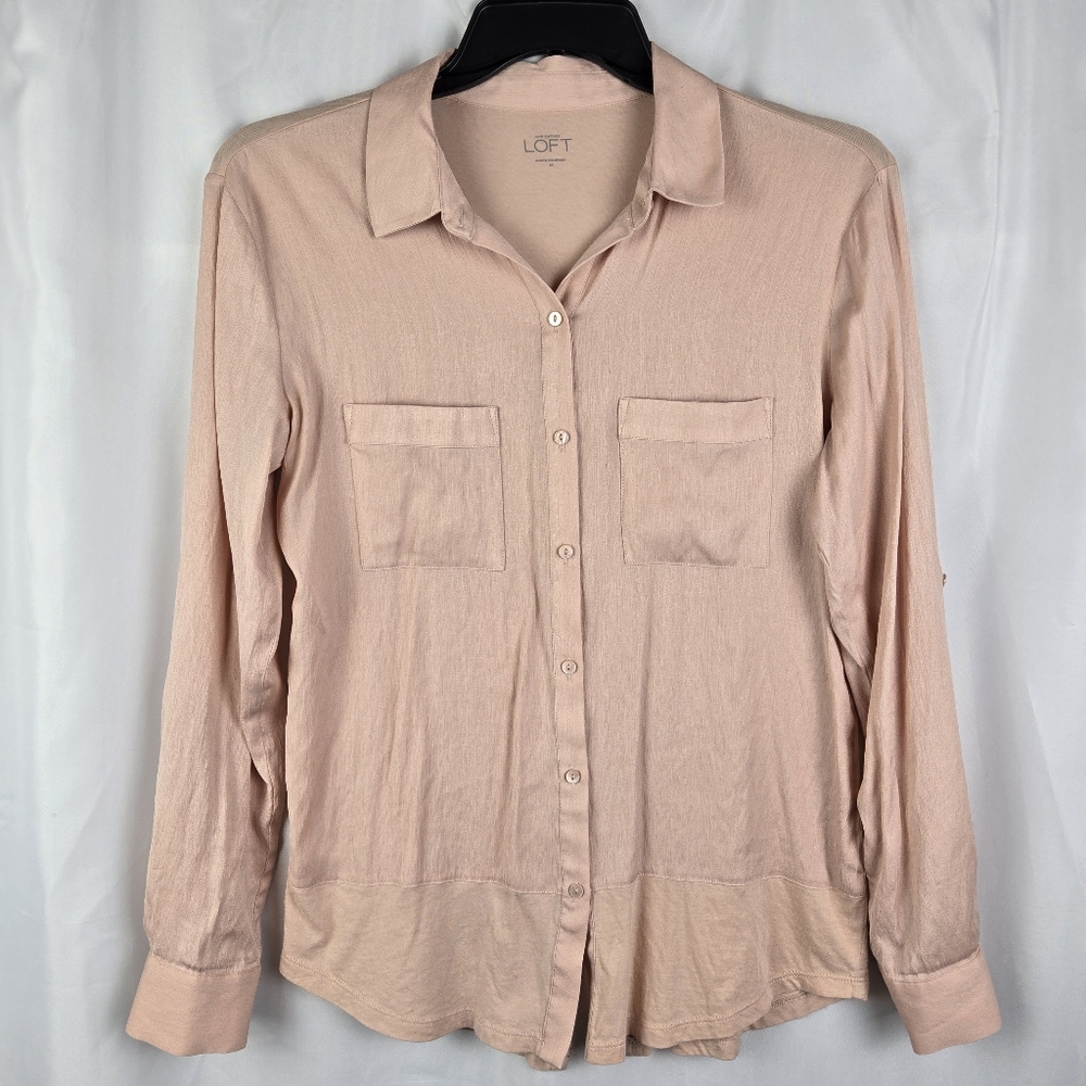 LOFT Womens Blush Mixed Media Long Roll Tab Sleeve Button Down Top Size Medium